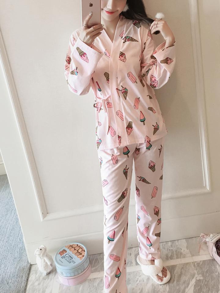 Romwe Ice Cream Print Wrap Top & Pants Pj Set