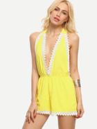 Romwe Lace Trimmed Plunge Halter Neck Backless Romper - Yellow