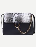 Romwe Black Snake Embossed Ring Chain Accent Flap Bag