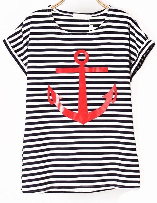 Romwe Striped Anchors Print T-shirt