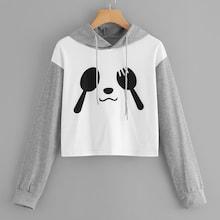 Romwe Panda Print Cut And Sew Drawstring Hoodie