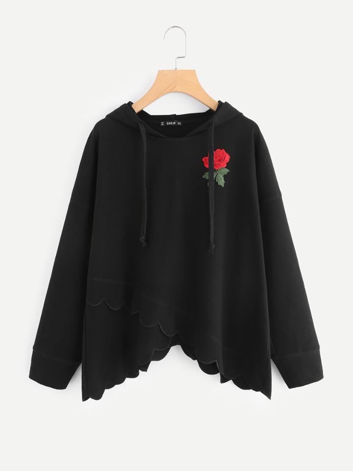 Romwe Rose Patch Scalloped Overlap Hoodie
