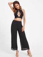Romwe Keyhole Cut Strappy Detail Top With Wide Leg Pants