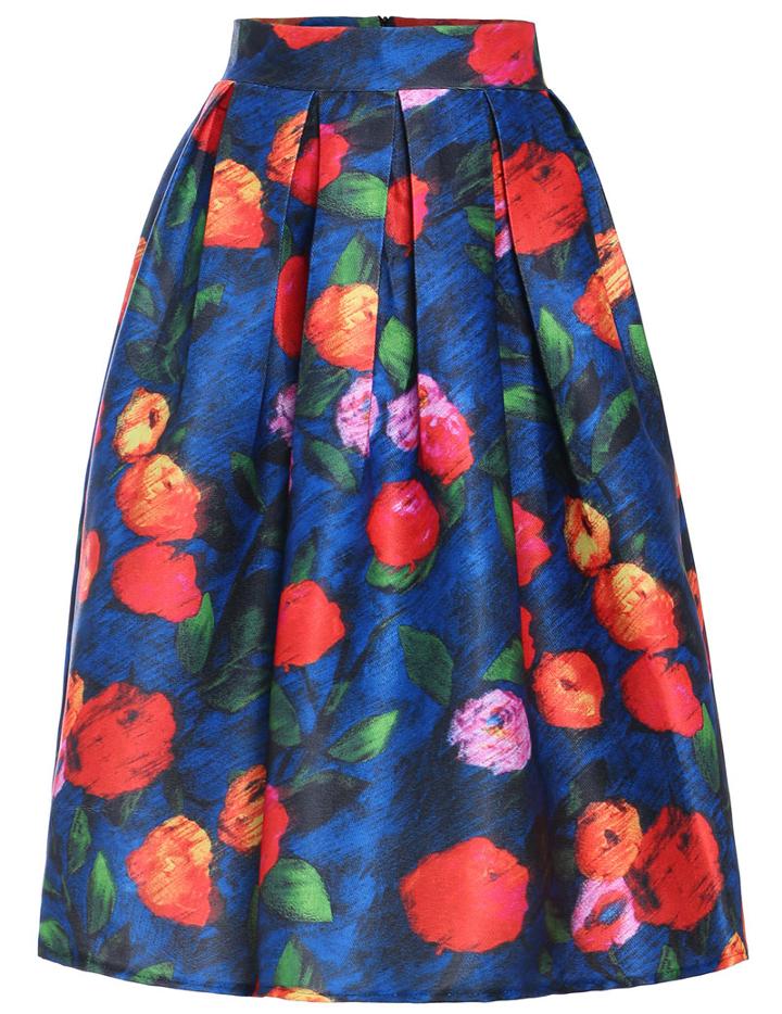 Romwe Floral Print Midi Blue Skirt