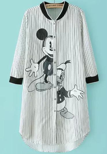 Romwe White Half Sleeve Vertical Stripe Mickey Print Blouse