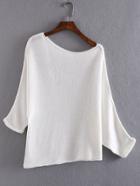 Romwe White Shoulder Drop Roll-up Cuff Knit Sweater