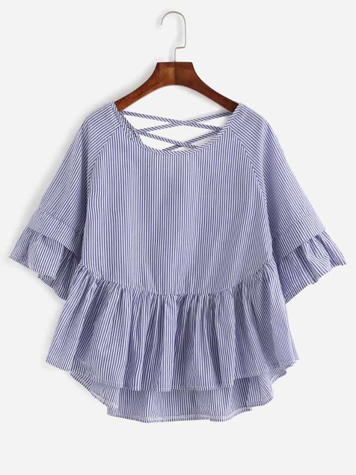 Romwe Blue Vertical Striped Criss Cross Ruffle Blouse