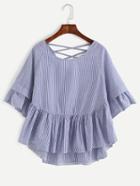 Romwe Blue Vertical Striped Criss Cross Ruffle Blouse
