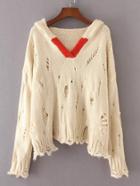 Romwe Contrast V Neck Distressed Hooded Sweater