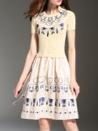 Romwe Apricot Knit Embroidered A-line Dress