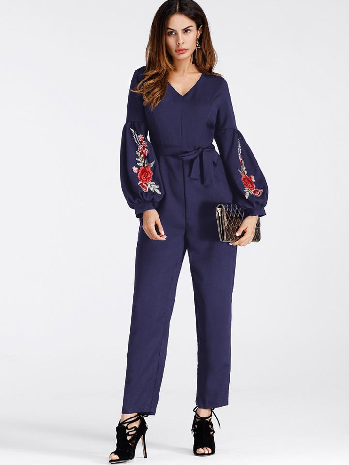 Romwe Lantern Sleeve Embroidered Rose Applique Jumpsuit With Belt