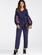 Romwe Lantern Sleeve Embroidered Rose Applique Jumpsuit With Belt