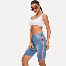 Romwe Contrast Tape Side Bleach Wash Denim Shorts