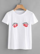Romwe Eyelash And Lip Print T-shirt