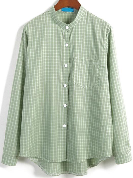 Romwe Stand Collar Dip Hem Plaid Green Blouse