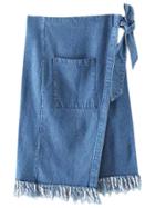 Romwe Blue Pocket Tie-waist Bow Denim Fringed Skirt