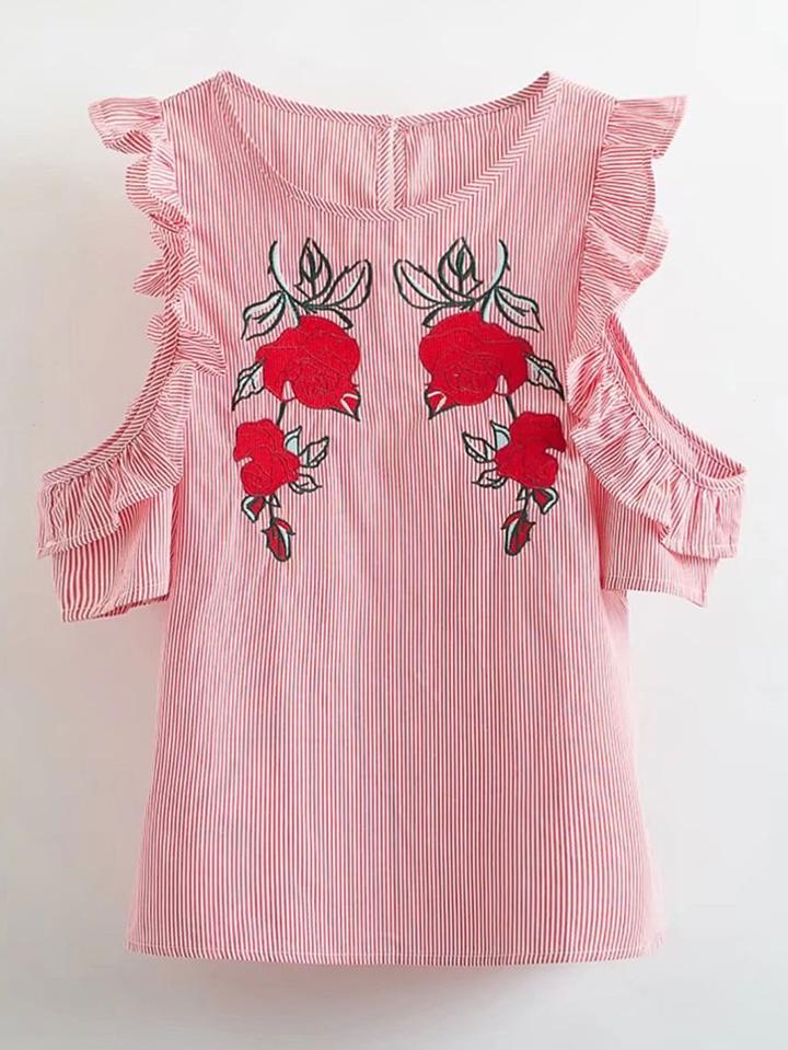 Romwe Frill Trim Pinstripe Embroidery Top