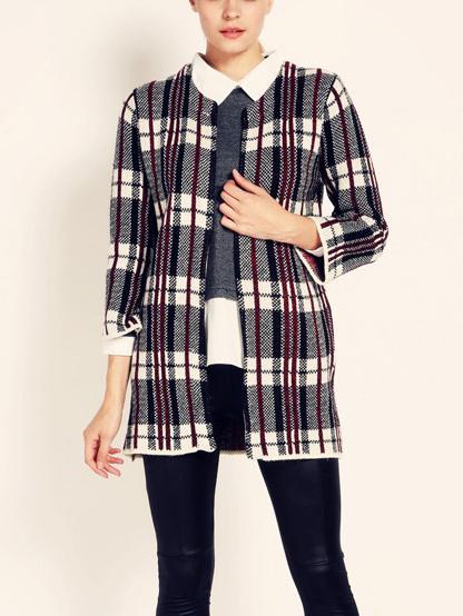 Romwe Round Neck Plaid Long Coat