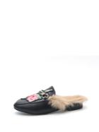 Romwe Embroidered Applique Faux Fur Lined Pu Slipper