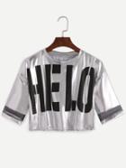Romwe Silver Letters Print Mesh Stitching Loose Crop Top
