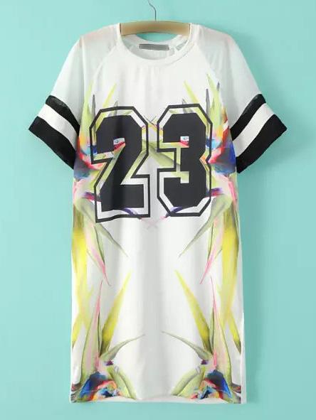 Romwe White Letter Printed Stripe Trimmed Casual Dress