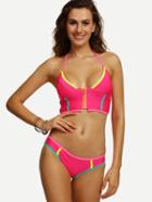 Romwe Hot Pink Zip Front Halter Neck Bikini Set