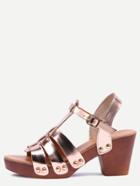 Romwe Champagne Faux Leather Caged Wooden Heel Sandals