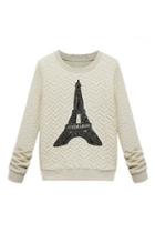 Romwe Eiffel Tower Appliqued Cream Sweatshirt