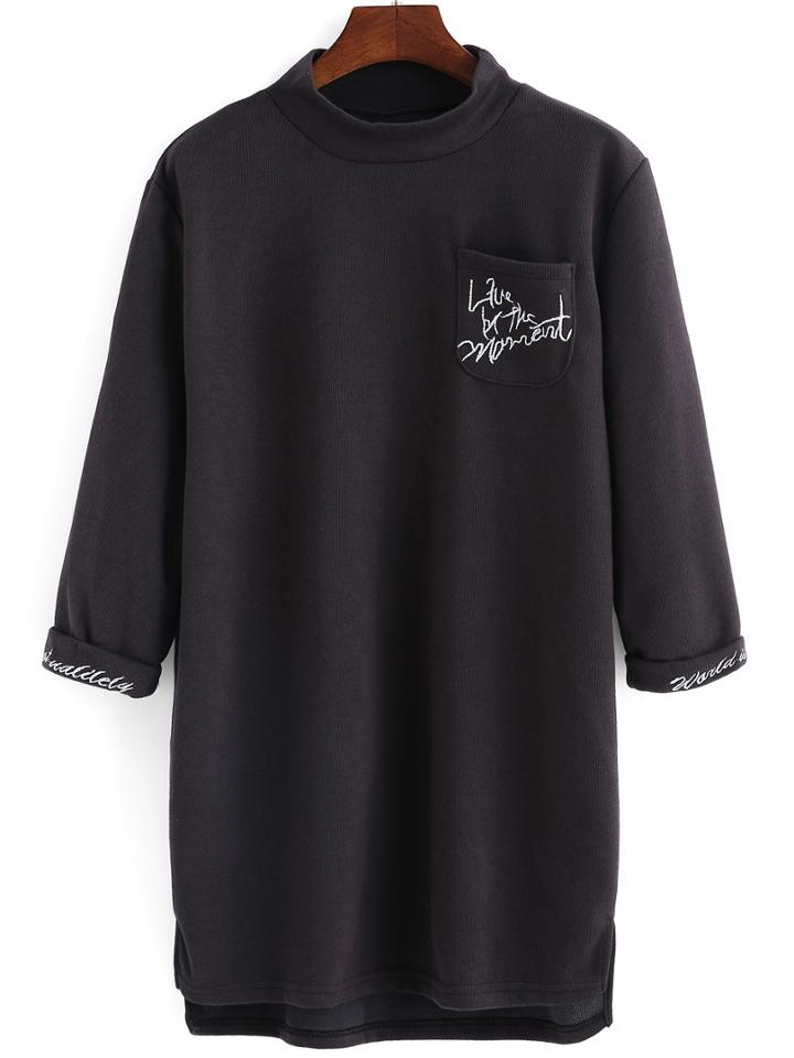 Romwe Letter Embroidered High Low Sweatshirt