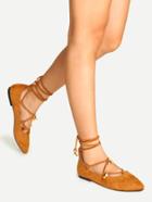 Romwe Brown Faux Suede Lace Up Beaded Flats