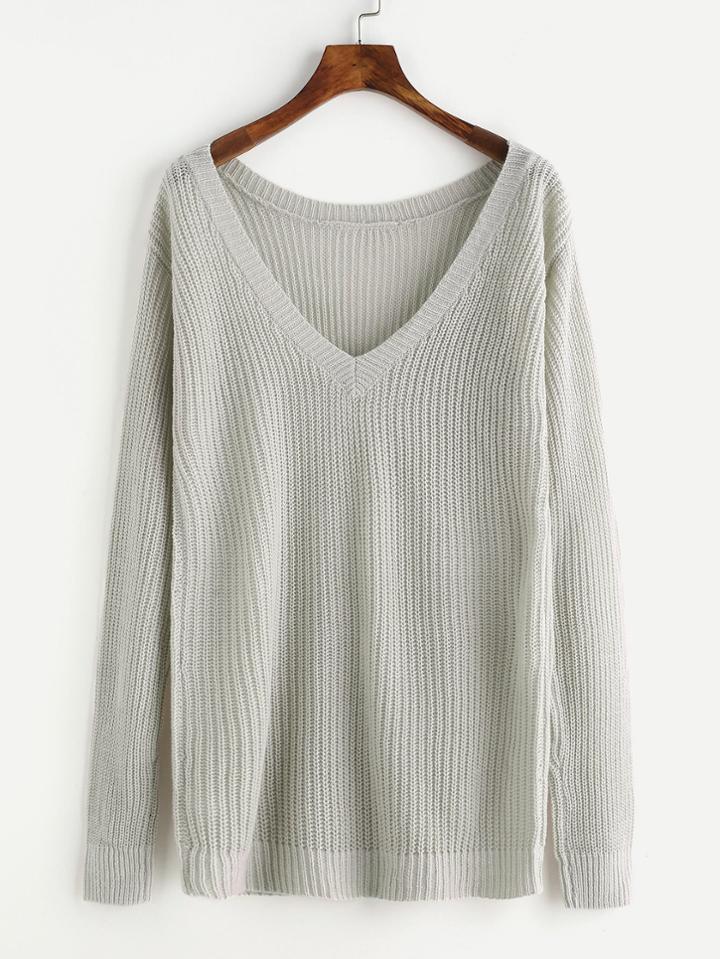 Romwe Plunge Neck Loose Fit Jumper