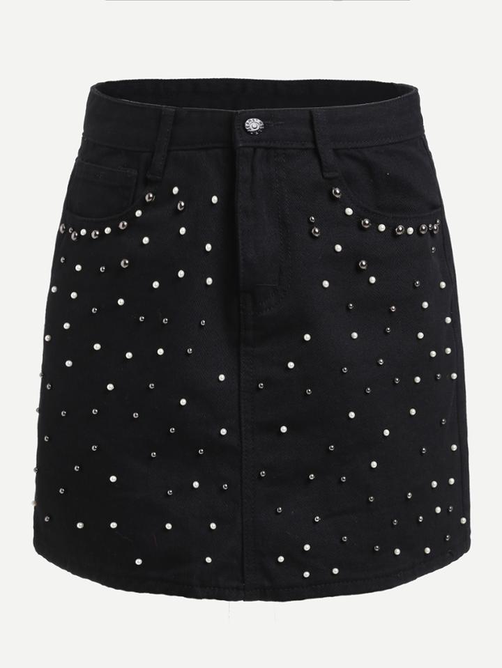 Romwe Faux Pearl Beading Denim Skirt