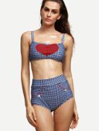 Romwe Blue Checkerboard Heart Patch Bikini Set