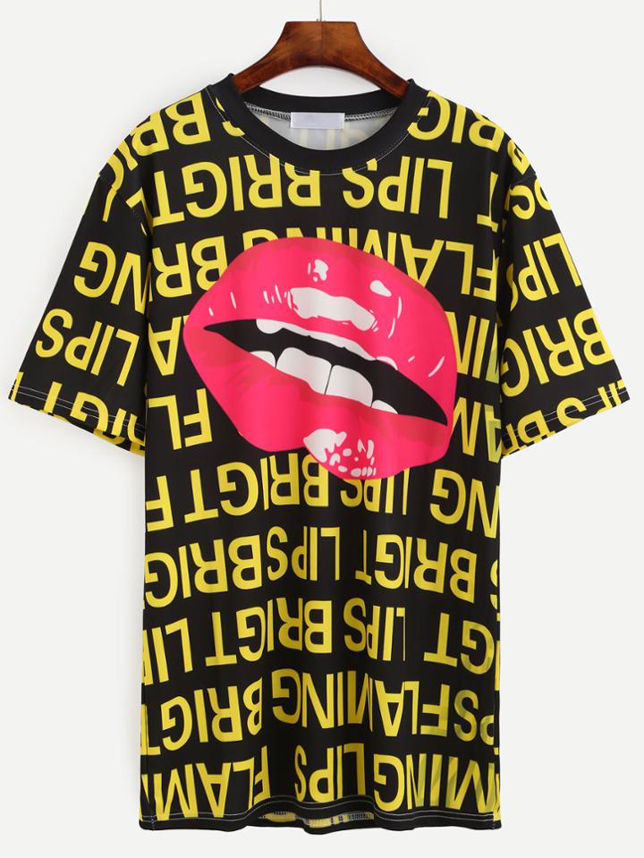 Romwe Black Letter And Lip Print T-shirt