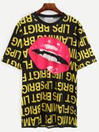 Romwe Black Letter And Lip Print T-shirt
