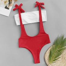 Romwe Two Tone Bandeau With Self Tie Suspender Bikini