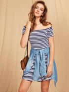 Romwe Off Shoulder Striped A Line Dress