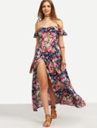 Romwe Multicolor Floral Off The Shoulder Backless Split Dress