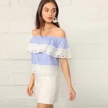 Romwe Schiffy Trim Flounce Off Shoulder Striped Top