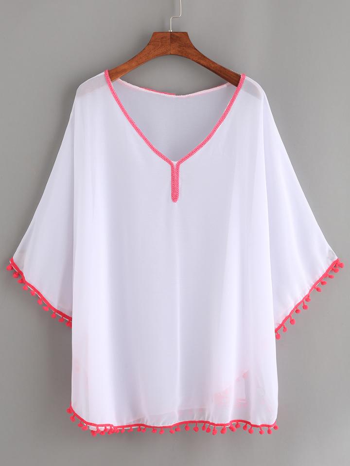 Romwe White Beach Blouse With Pom Pom Trim