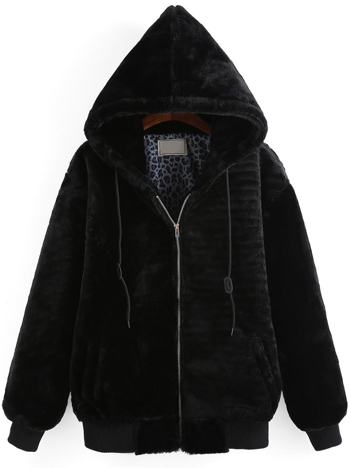 Romwe Hooded Drawstring Zipper Loose Black Coat