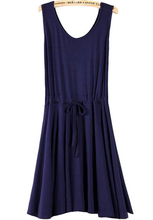 Romwe Drawstring Pleated Modal Navy Dress