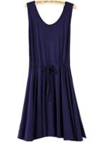 Romwe Drawstring Pleated Modal Navy Dress