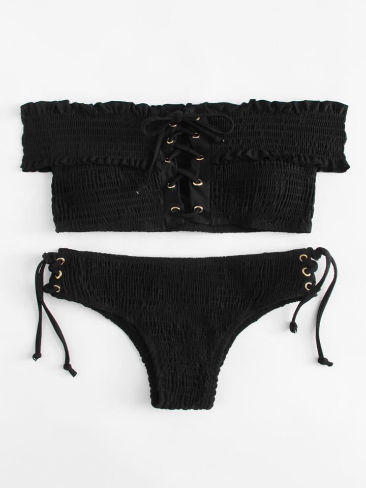 Romwe Lace Up Shirred Bikini Set
