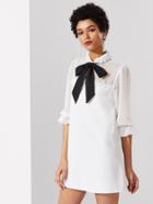 Romwe Contrast Tie Neck Dot Jacquard Yoke Frilled Dress