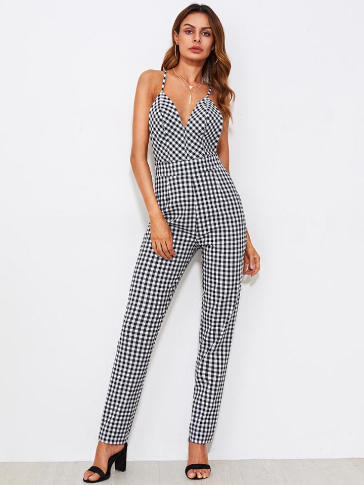 Romwe V Neckline Checked Criss Cross Backless Jumpsuit