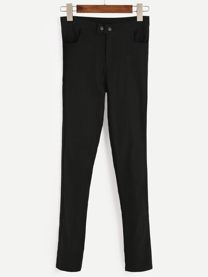 Romwe Black Two Button Closure Stretch Skinny Pants