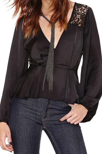 Romwe V-neck And Puff Sleeved Black Blouse