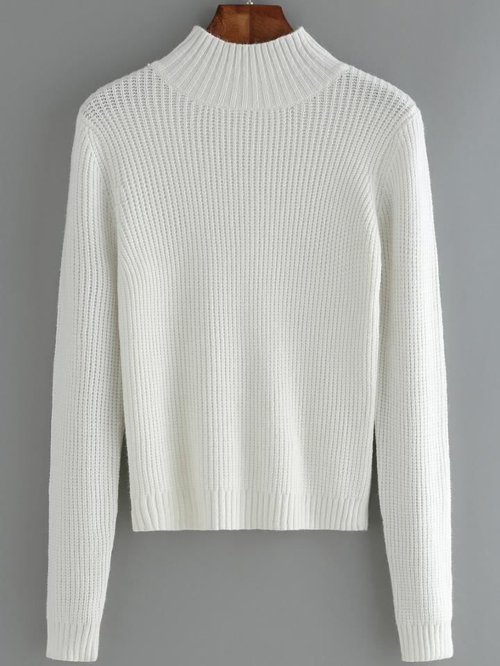 Romwe Women Mock Neck Slim White Sweater