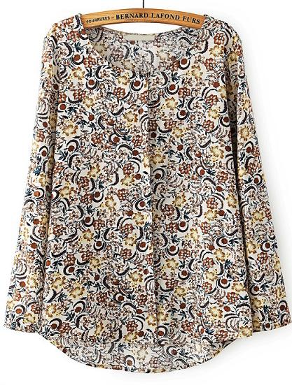 Romwe Round Neck Dip Hem Flower Print Blouse